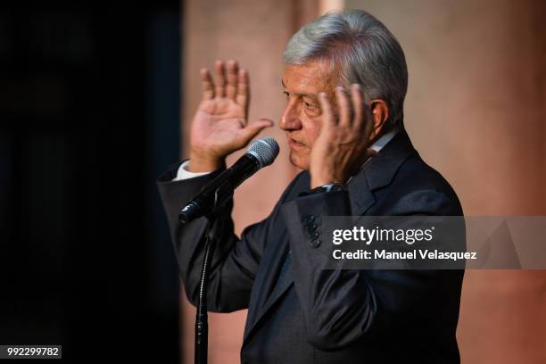 Newly elected President of Mexico, Andres Manuel Lopez Obrador, speaks during a press conference after a private meeting with Outgoing President...