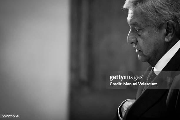 Newly elected President of Mexico, Andres Manuel Lopez Obrador, speaks during a press conference after a private meeting with Outgoing President...