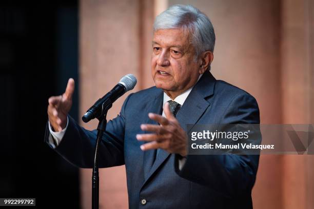 Newly elected President of Mexico, Andres Manuel Lopez Obrador, speaks during a press conference after a private meeting with Outgoing President...