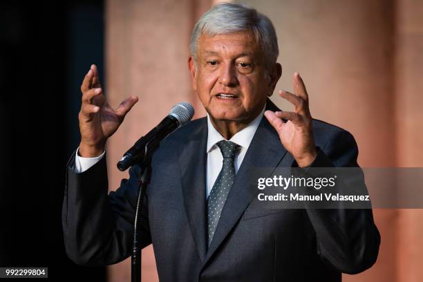 Newly elected President of Mexico, Andres Manuel Lopez Obrador, speaks during a press conference after a private meeting with Outgoing President...