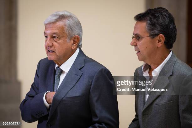 Newly elected Prisident of Mexico, Andres Manuel Lopez Obrador , and Cesar Yañez , Communication Coordinator of his campaing prior to the press...