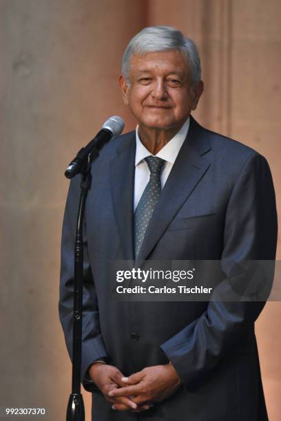 Newly elected President of Mexico, Andres Manuel Lopez Obrador, speaks during a press conference after a private meeting with Outgoing President of...