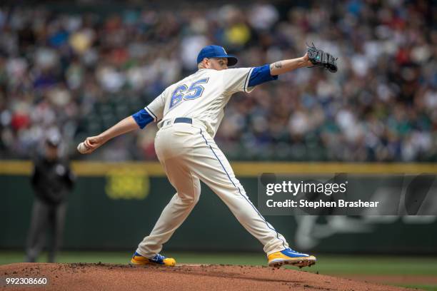 Starter James Paxton of the Seattle Mariners delivers a pitch during a game against the Kansas City Royals at Safeco Field on July 1, 2018 in...