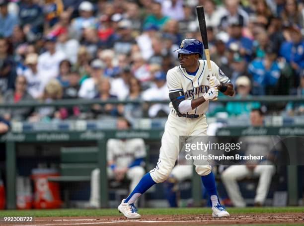 Dee Gordon of the Seattle Mariners waits for a pitch during an at-bat in a game against the Kansas City Royals at Safeco Field on July 1, 2018 in...