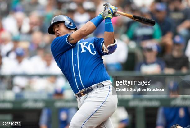 Salvador Perez of the Kansas City Royals takes as swing during an at-bat in a game against the Seattle Mariners at Safeco Field on July 1, 2018 in...