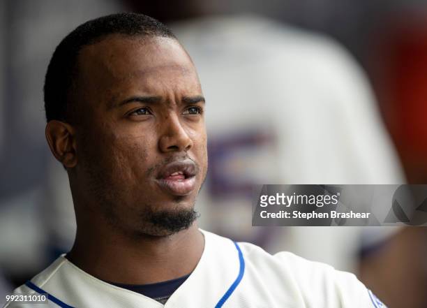 Jean Segura of the Seattle Mariners is pictured in the dugout during a game against the Kansas City Royals at Safeco Field on July 1, 2018 in...