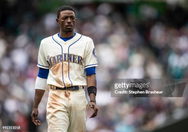 Dee Gordon of the Seattle Mariners stands on the field between inning during a game against the Kansas City Royals at Safeco Field on July 1, 2018 in...