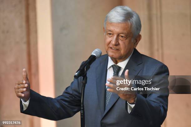 President Elect of Mexico, Andres Manuel Lopez Obrador, speaks during a press conference after a private meeting with Outgoing President of Mexico...