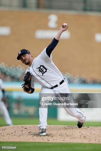 Blaine Hardy of the Detroit Tigers pitches against the Oakland Athletics at Comerica Park on June 26, 2018 in Detroit, Michigan.