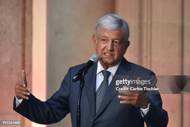 President Elect of Mexico, Andres Manuel Lopez Obrador, speaks during a press conference after a private meeting with Outgoing President of Mexico...