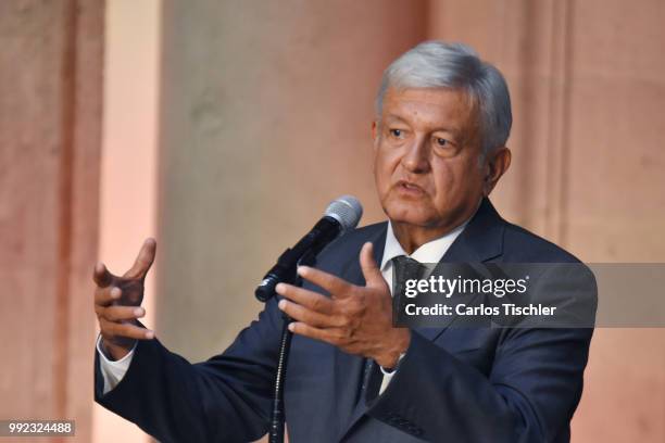 President Elect of Mexico, Andres Manuel Lopez Obrador, speaks during a press conference after a private meeting with Outgoing President of Mexico...