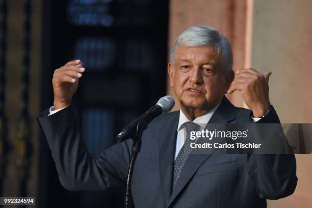 President Elect of Mexico, Andres Manuel Lopez Obrador, speaks during a press conference after a private meeting with Outgoing President of Mexico...