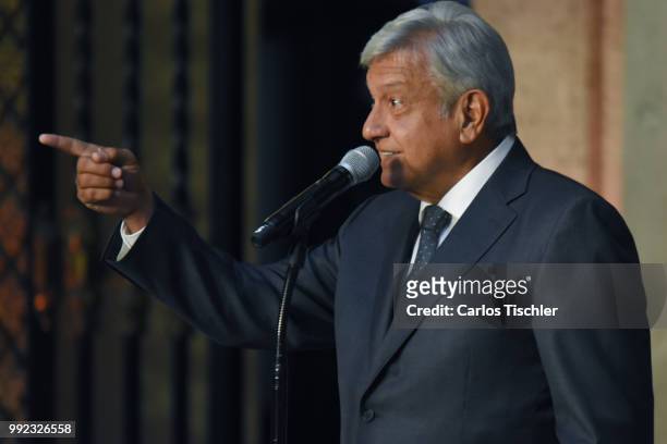President Elect of Mexico, Andres Manuel Lopez Obrador, speaks during a press conference after a private meeting with Outgoing President of Mexico...