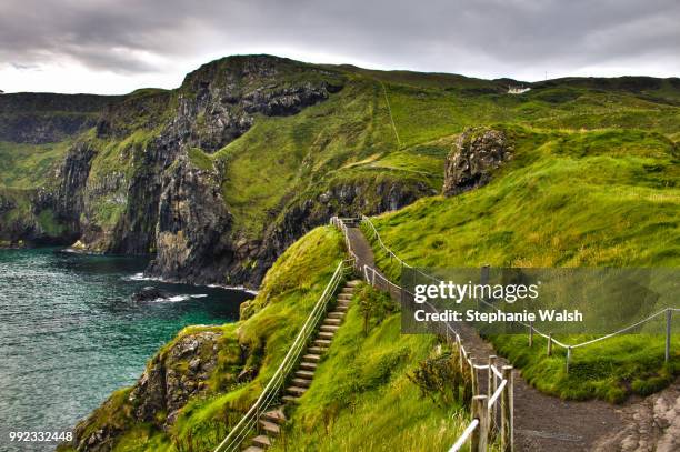 pathway to carrick-a-rede in county antrim, northern ireland. - rede stock pictures, royalty-free photos & images