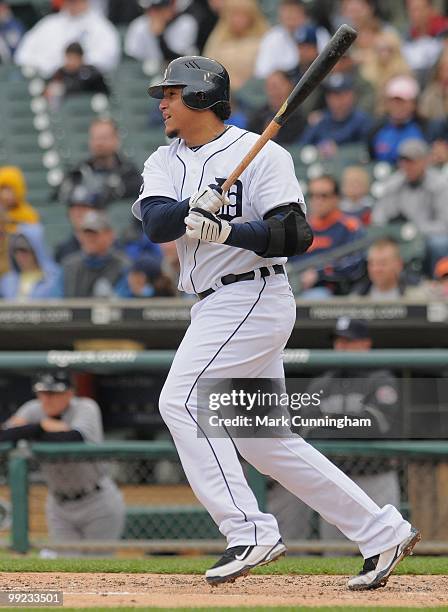 Miguel Cabrera of the Detroit Tigers bats during the first game of a double header against the New York Yankees at Comerica Park on May 12, 2010 in...