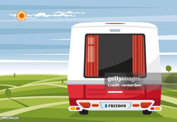 caravan back view - camping car stock illustrations