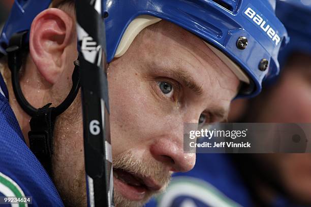 Sami Salo of the Vancouver Canucks looks on from the bench in Game 6 of the Western Conference Semifinals against the Chicago Blackhawks during the...