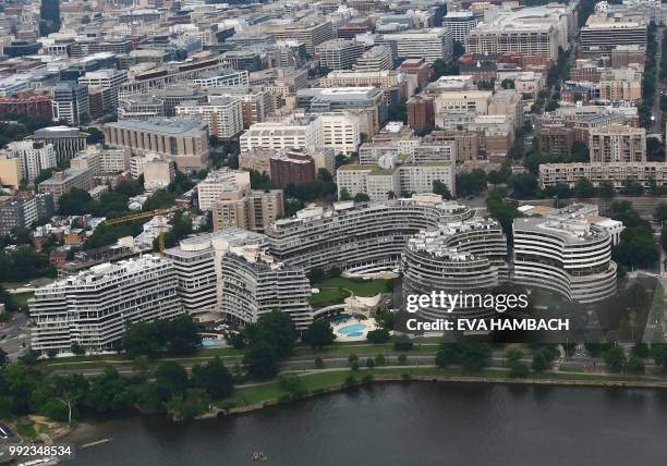 Aerial view of the Watergate Complex on the Potomac River in Washington, DC on Independence Day July 4,2018.
