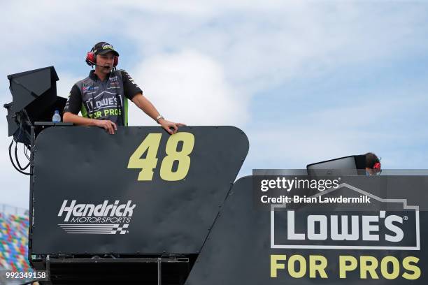 Chad Knaus, crew chief for Jimmie Johnson, driver of the Lowe's for Pros Chevrolet, during practice for the Monster Energy NASCAR Cup Series Coke...