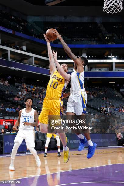 Svi Mykhailiuk of the Los Angeles Lakers shoots the ball against the Golden State Warriors during the 2018 Summer League at the Golden 1 Center on...