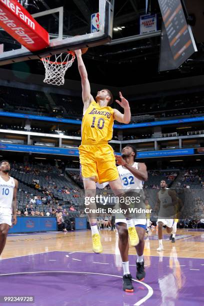 Svi Mykhailiuk of the Los Angeles Lakers handles the ball against the Golden State Warriors during the 2018 Summer League at the Golden 1 Center on...