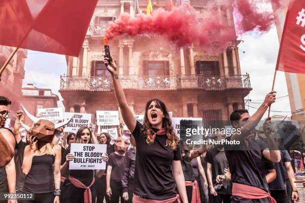 Protest against animal cruelty in bull fightings before San Fermin celebrations in Pamplona, Spain.