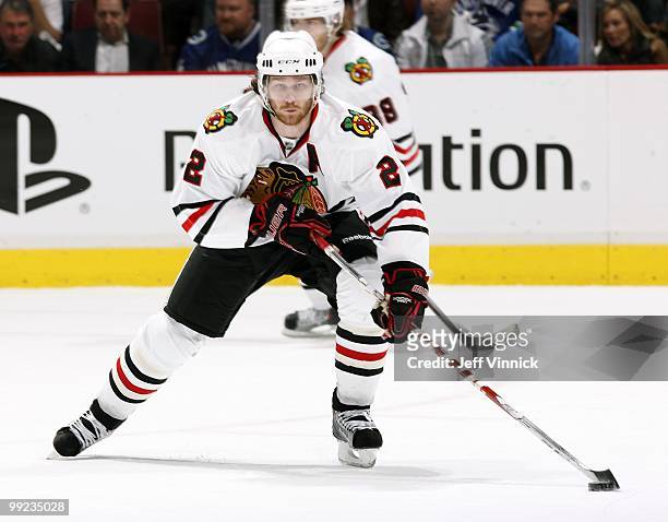 Duncan Keith of the Chicago Blackhawks skates up ice with the puck in Game 6 of the Western Conference Semifinals against the Vancouver Canucks...