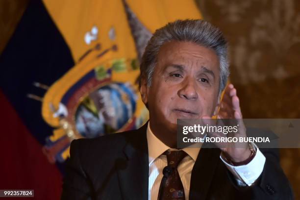 Ecuadoran President Lenin Moreno meets the foreign press at Carondelet Presidential Palace in Quito on July 5, 2018. - Moreno said Brussels-based...