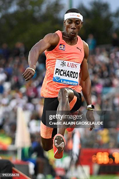 Portugal's Pedro Pablo Pichardo competes the Men's 400m triple jump event during the IAAF Diamond League athletics meeting Athletissima in Lausanne...