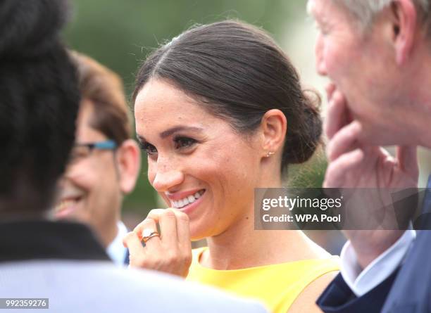 Meghan, Duchess of Sussex meets guests during the Your Commonwealth Youth Challenge reception at Marlborough House on July 05, 2018 in London,...