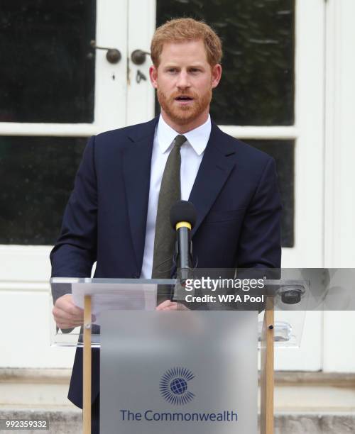 Prince Harry, Duke of Sussex makes a speech during the Your Commonwealth Youth Challenge reception at Marlborough House on July 05, 2018 in London,...