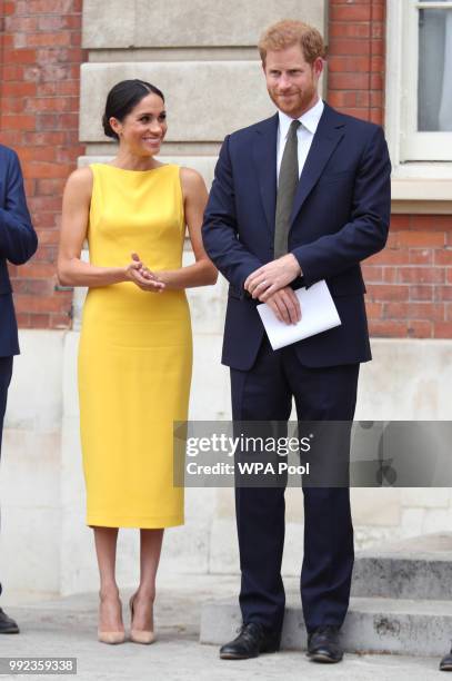 Prince Harry, Duke of Sussex and Meghan, Duchess of Sussex attend the Your Commonwealth Youth Challenge reception at Marlborough House on July 05,...