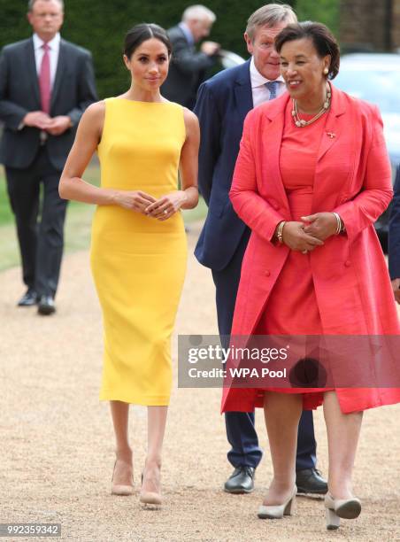 Meghan, Duchess of Sussex accompanied by Commonwealth secretary general Baroness Scotland arrives to attend the Your Commonwealth Youth Challenge...