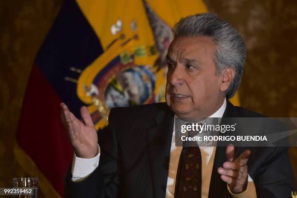 Ecuadoran President Lenin Moreno meets the foreign press at Carondelet Presidential Palace in Quito on July 5, 2018. - Moreno said Brussels-based...