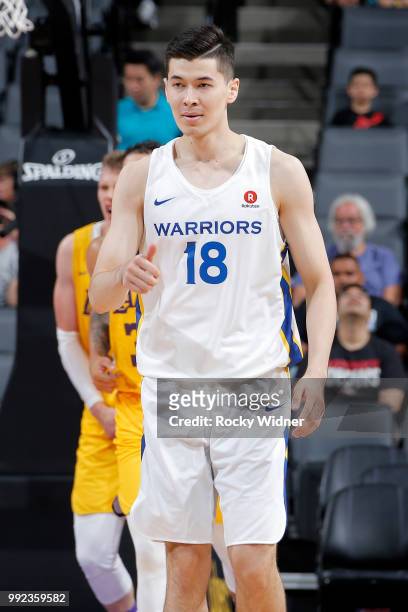 Abudushalamu Abudurexiti of the Golden State Warriors looks on during the game against the Los Angeles Lakers during the 2018 Summer League at the...