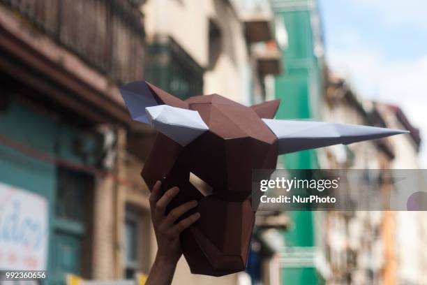 Detail of a bull mask during the protest of the PETA collective in the Plaza del Ayuntamiento in Pamplona on the occasion of the San Fermin festival...