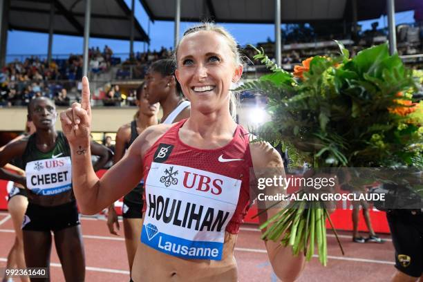 Shelby Houlihan of the US celebrates after winning the Women's 1500m race during the IAAF Diamond League athletics meeting Athletissima in Lausanne...