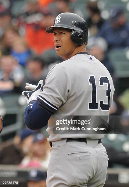 Alex Rodriguez of the New York Yankees looks on during the first game of a double header against the Detroit Tigers at Comerica Park on May 12, 2010...