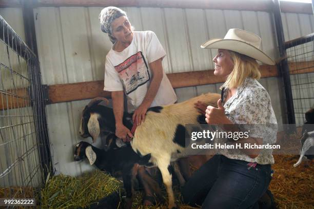 Veterinarian Dr. Romy Nicoletta, right, gives the thumbs up of goat Button's improving condition to her owner Karen Bayci at the Huerfano County...