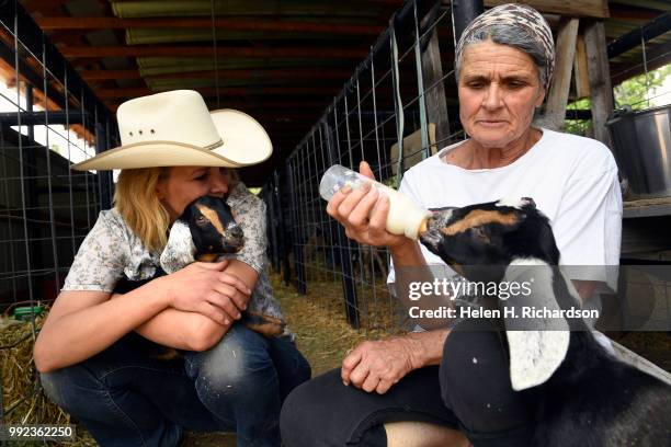 Veterinarian Dr. Romy Nicoletta, left, hugs a goat while goat owner Karen Bayci bottle feeds one of her baby goats at the Huerfano County Fairgrounds...