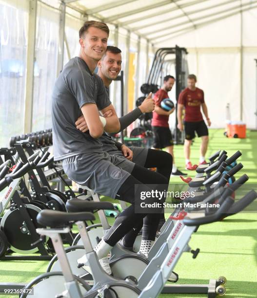 Matt Macey and Dejan Iliev of Arsenal during a training session at London Colney on July 5, 2018 in St Albans, England.