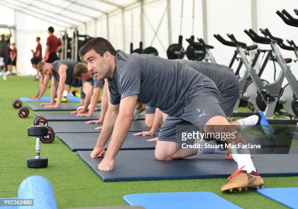 Sokratis of Arsenal during a training session at London Colney on July 5, 2018 in St Albans, England.