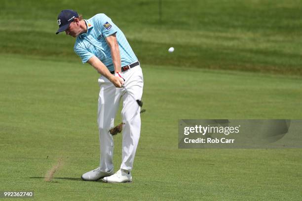 Brandt Snedeker hits off the fairway during round one of A Military Tribute At The Greenbrier held at the Old White TPC course on July 5, 2018 in...