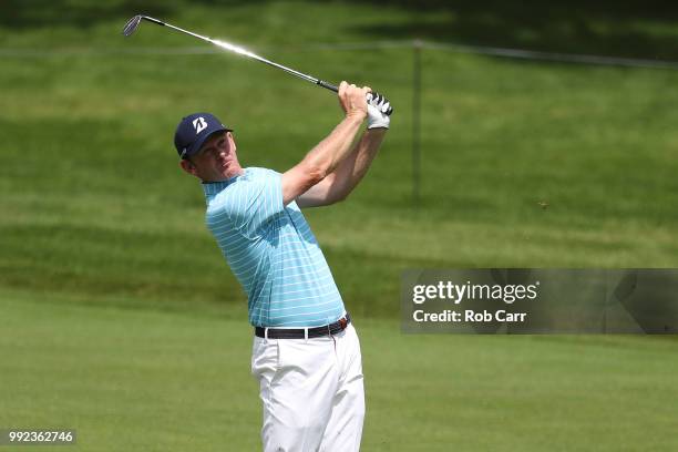 Brandt Snedeker hits off the fairway during round one of A Military Tribute At The Greenbrier held at the Old White TPC course on July 5, 2018 in...