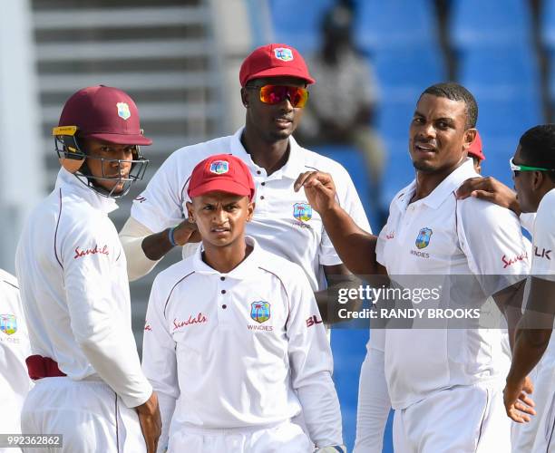 Kieran Powell , Shane Dowrich , Jason Holder and Shannon Gabriel of West Indies celebrate the dismissal of Mominul Haque of Bangladesh during day 2...