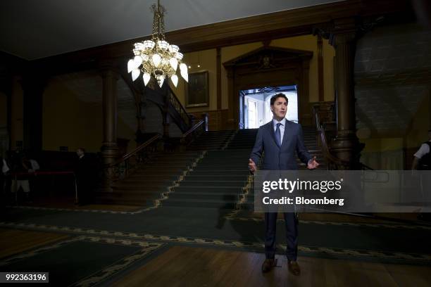 Justin Trudeau, Canada's prime minister, speaks with members of the media after a meeting with Doug Ford, Ontario's premier, not pictured, at the...