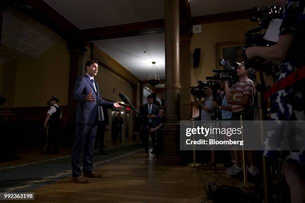 Justin Trudeau, Canada's prime minister, speaks with members of the media after a meeting with Doug Ford, Ontario's premier, not pictured, at the...