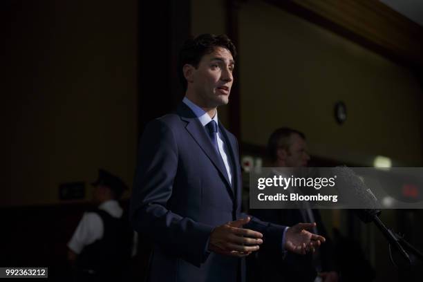 Justin Trudeau, Canada's prime minister, speaks with members of the media after a meeting with Doug Ford, Ontario's premier, not pictured, at the...