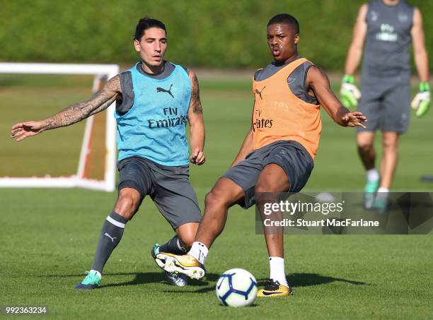 Hector Bellerin and Chuba Akpom of Arsenal during a training session at London Colney on July 5, 2018 in St Albans, England.