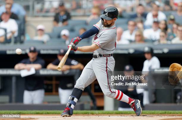 Ender Inciarte of the Atlanta Braves first inning single against the New York Yankees at Yankee Stadium on July 4, 2018 in the Bronx borough of New...